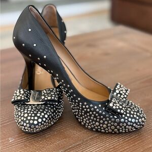 Salvatore Ferragamo Black Studded Bow Pumps
